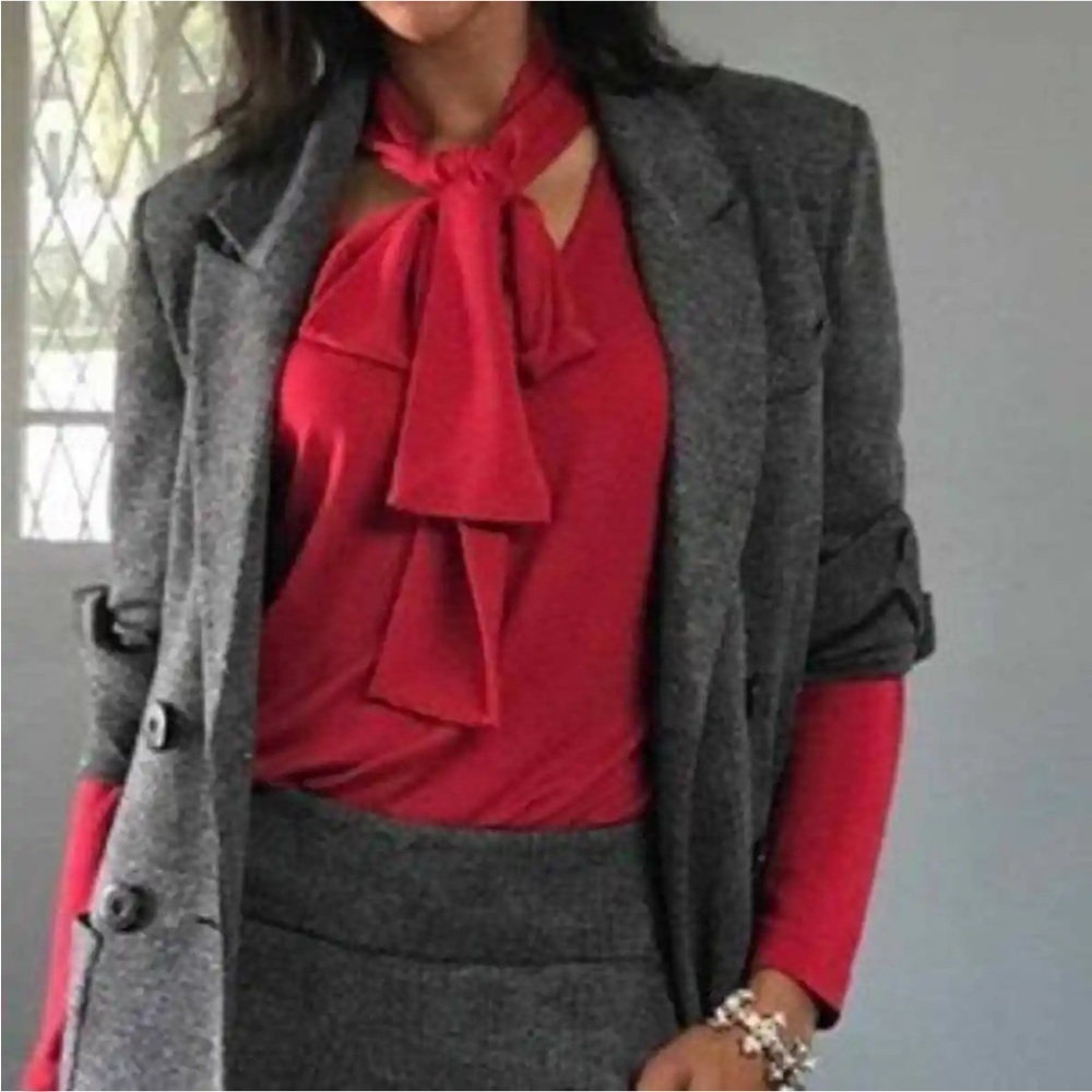 CABI Ali Tess Tee Scarf Tie Neck Firebrick Long Sleeve Top Sz M